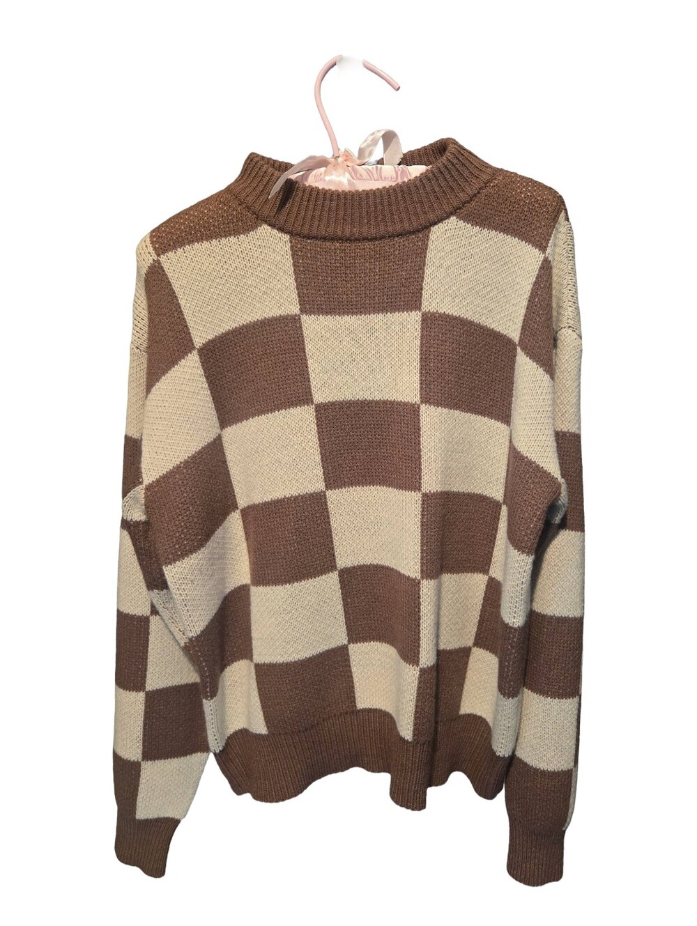 Brown/Cream Checkerboard Knit Sweater, Size Large